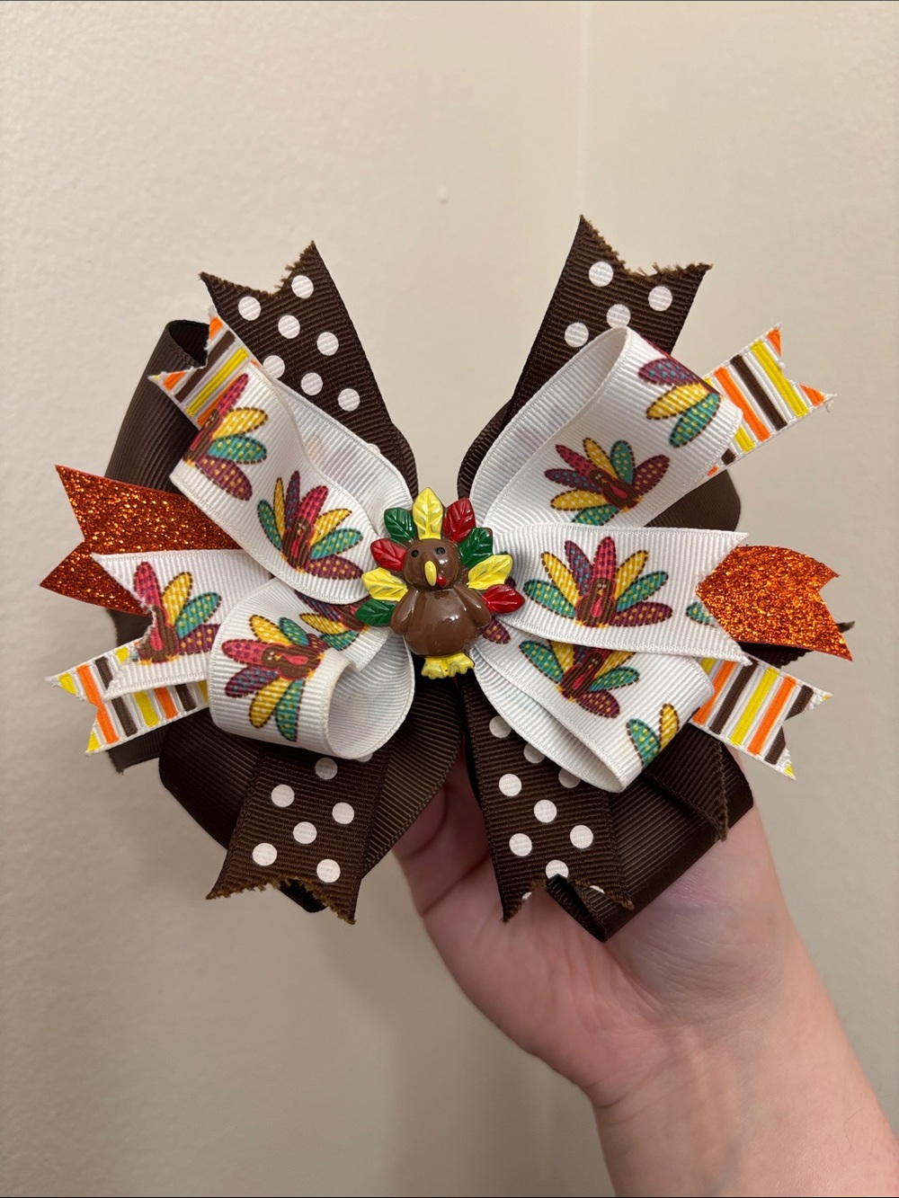 Kids Thanksgiving Turkey Hair Bow - Brown & Orange